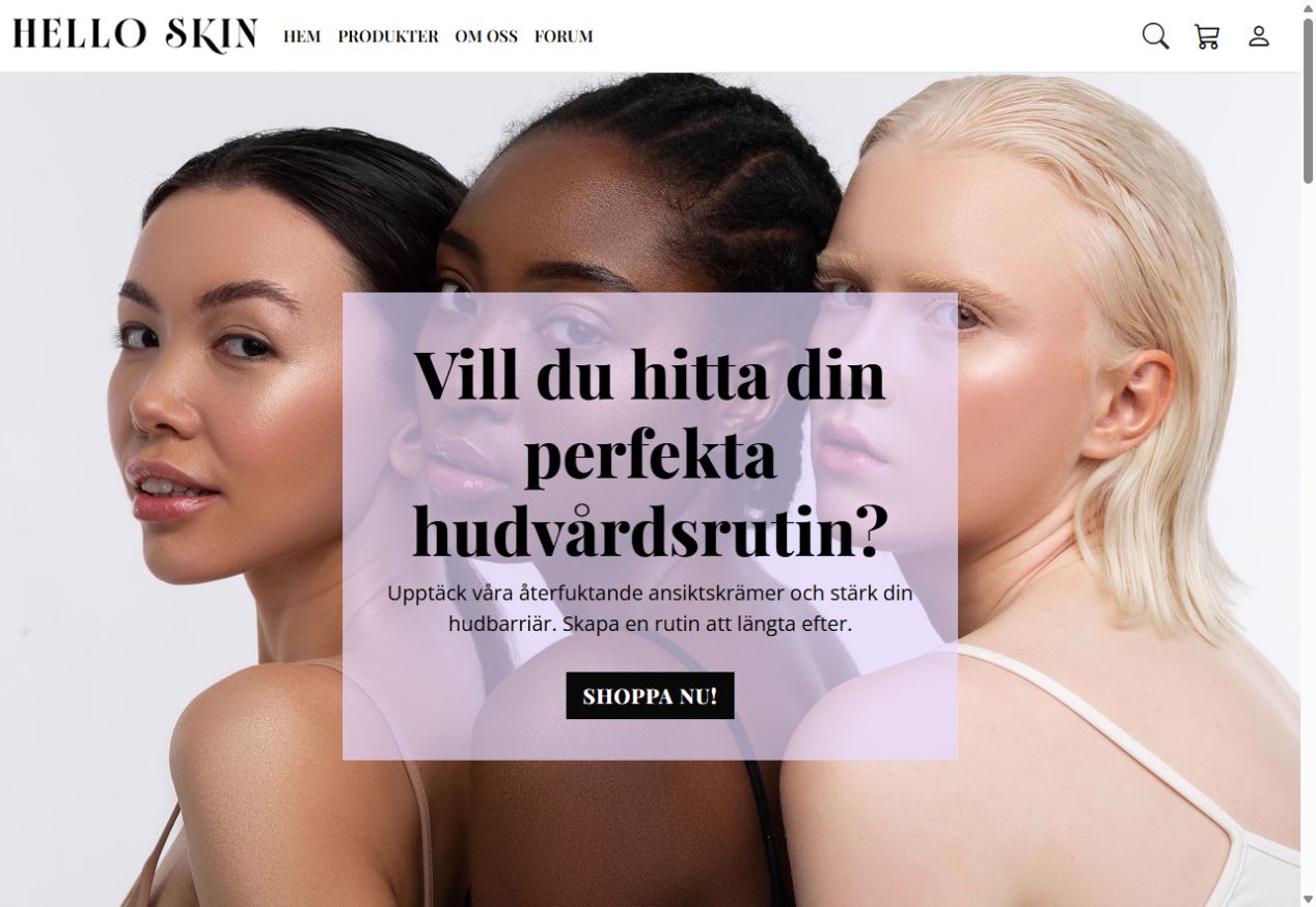 Hello Skin: startsida med introduktion till hudvårdsbutiken