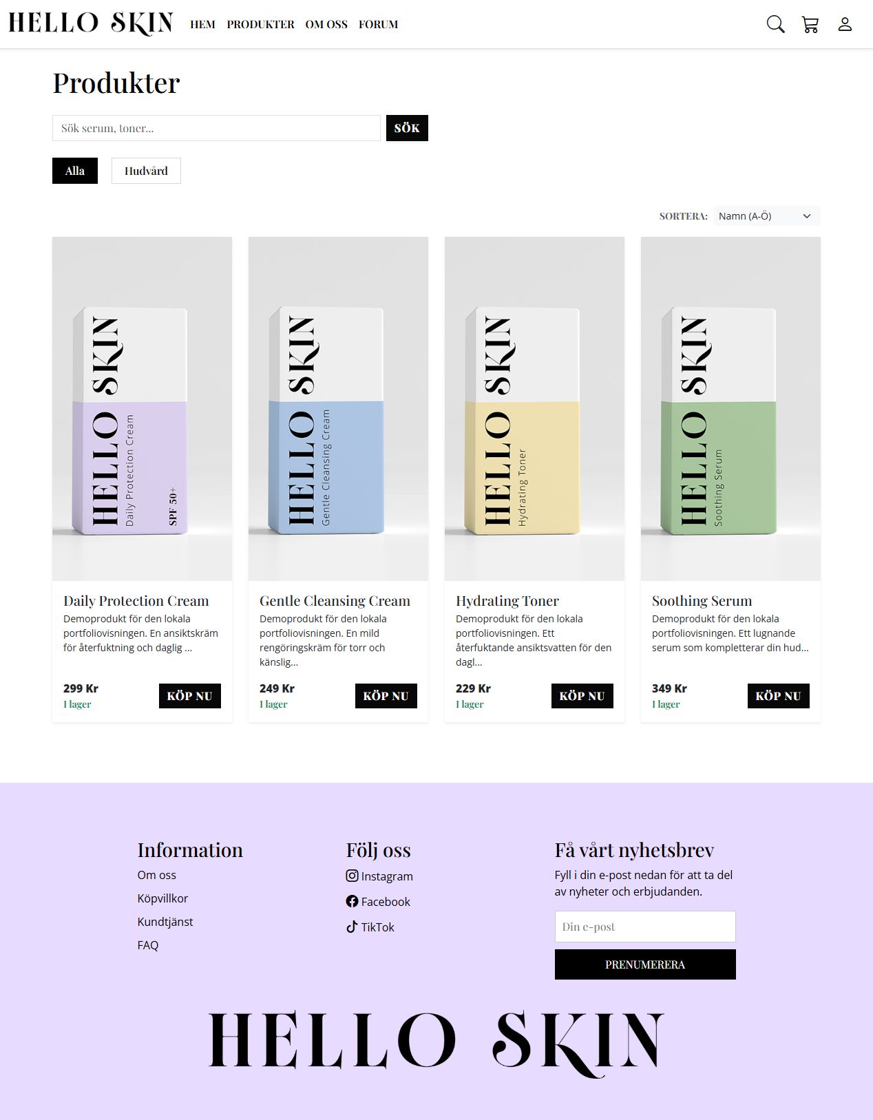 Hello Skin: produktöversikt med sökning, sortering och fyra demoprodukter